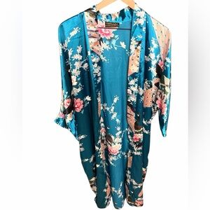 Floral Kimono Robe - Teal with Peacocks